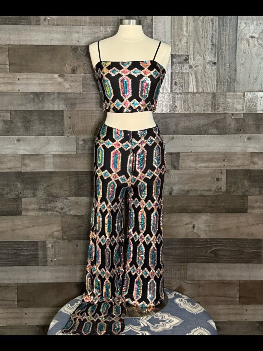 Fashion Nova two piece jumpsuit small glam rainbow sequins festival boho rave